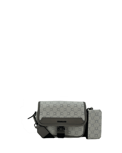 Mini-sacoche grise à rabat avec fermeture cartable et pochette zippée assortie - vue face - Icone - Chabrand