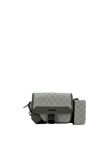 Mini-sacoche grise à rabat avec fermeture cartable et pochette zippée assortie - vue face - Icone - Chabrand