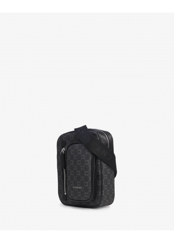 Sacoche verticale noire en toile enduite siglée avec plusieurs rangements - vue profil - Icone - Chabrand