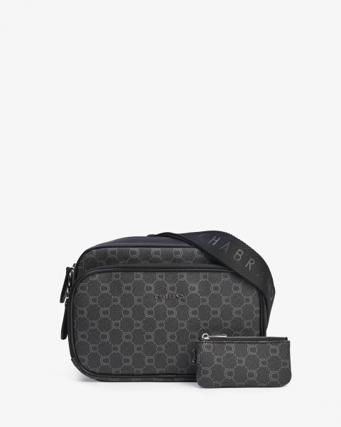 Sacoche noire en toile enduite siglée avec double poche zippée - Icone - Vue face - Chabrand