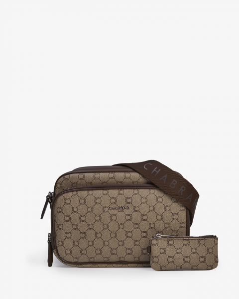 Sacoche beige marron en toile enduite siglée avec double poche zippée - Icone - Vue face - Chabrand