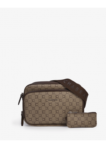 Sacoche beige marron en toile enduite siglée avec double poche zippée - Icone - Vue face - Chabrand