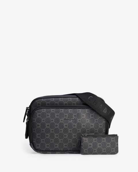 Sacoche noire en toile enduite siglée avec double poche zippée - Icone - Vue face - Chabrand