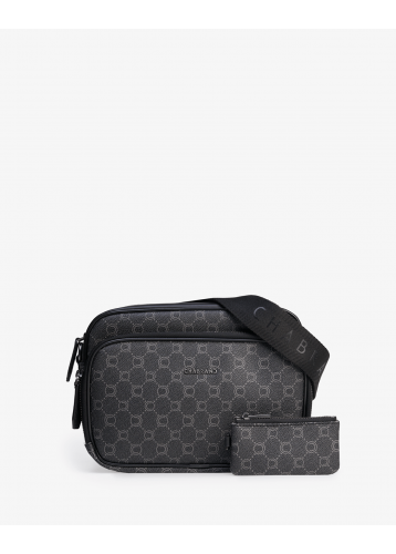 Sacoche noire en toile enduite siglée avec double poche zippée - Icone - Vue face - Chabrand