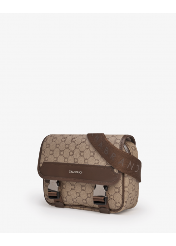Mini sacoche beige marron en toile enduite siglée - vue profil - Icone - Chabrand