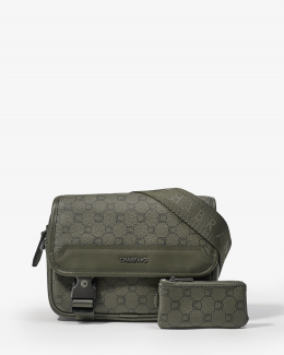 Mini-sacoche à rabat avec fermeture cartable et pochette zippée assortie kaki - vue face - Icone - Chabrand