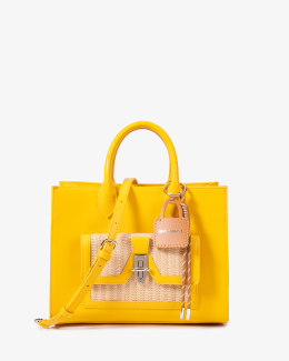 Sac à main jaune en paille et synthétique effet cuir lisse pour l'été - vue face - Léna - Chabrand