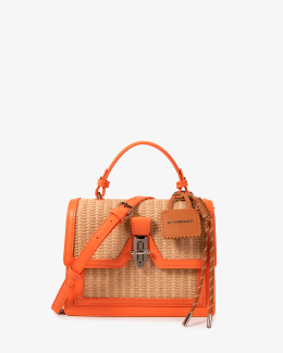 Sac à main orange en synthétique effet cuir lisse et paille avec rabat - Léna - vue face - Chabrand