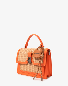 Sac bandoulière orange en synthétique effet cuir lisse et paille avec rabat pour l'été - Léna - vue face - Chabrand