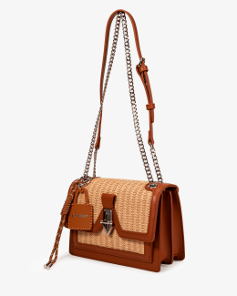 Sac porté épaule camel à rabat en paille et synthétique jaune - Léna - vue profil - Chabrand