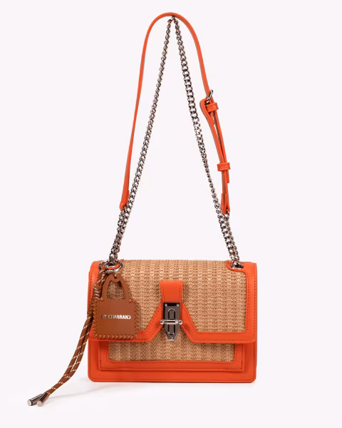 Sac porté épaule à rabat en paille et synthétique orange pour un look estival affirmé - Léna - vue face - Chabrand