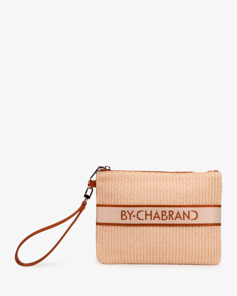 Pochette camel moyen format en synthétique effet cuir et paille - vue face - Émilie