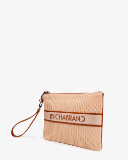 Pochette camel moyen format en synthétique effet cuir et paille - vue profil - Chabrand