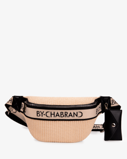 Sac banane noir en synthétique cuir lisse et paille - vue face - Émilie