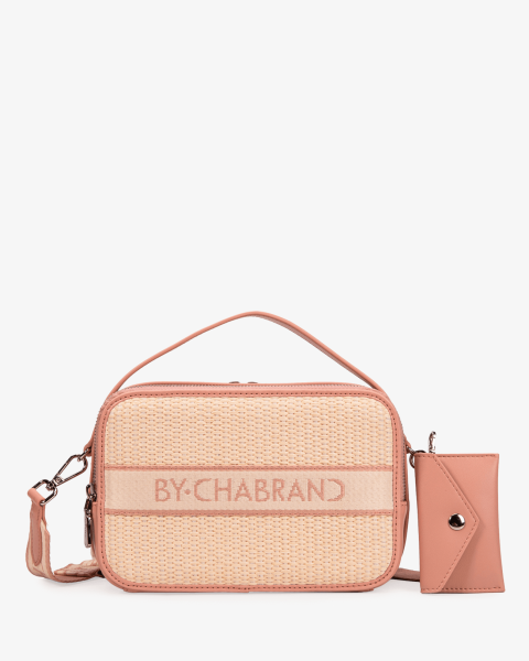 Sac à main rose moyen format en synthétique effet cuir et paille - vue face - Émilie