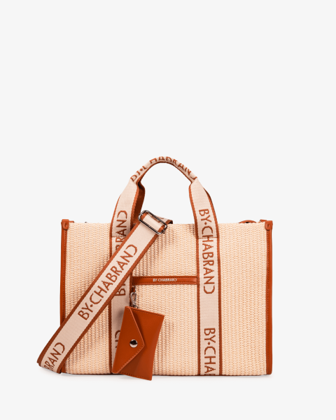 Sac cabas camel grand format en synthétique effet cuir et paille - vue face - Émilie