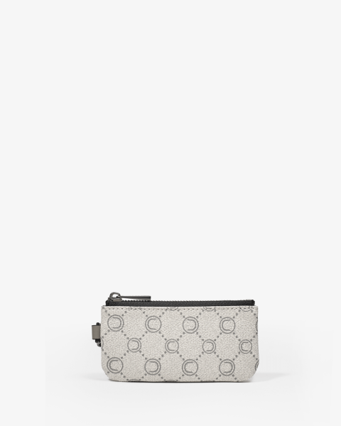 Porte-monnaie gris en toile enduite siglée à accrocher à son sac préféré - vue face - Icone - Chabrand