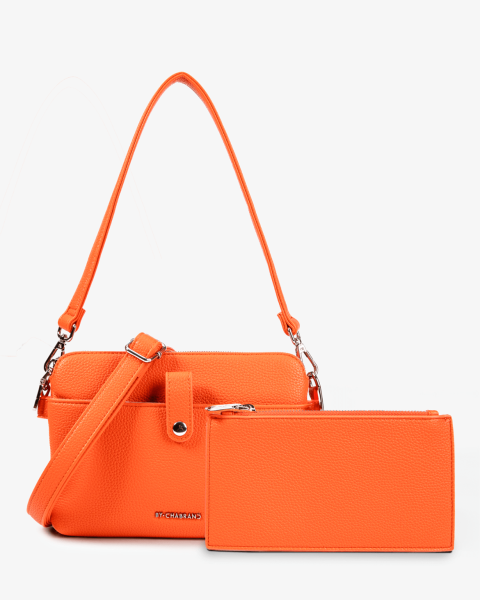 Pochette orange pouvant être portée à l'épaule en synthétique grainé - vue face - Louise