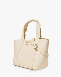 Petit sac à main écru ou porté épaule grâce à une bandoulière amovible en synthétique grainé - vue profil - Louise